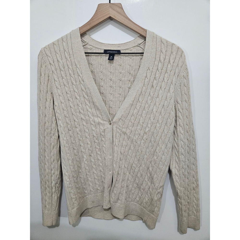 Lands End Womens Oatmeal Beige Cable Knit Cotton V-Neck Cardigan Sweater Size M
